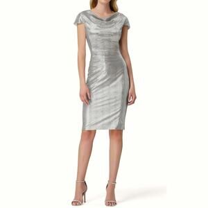 NWT Tahari ASL Women's Cowl neck Draped Back Metallic Cocktail Mini Dress
